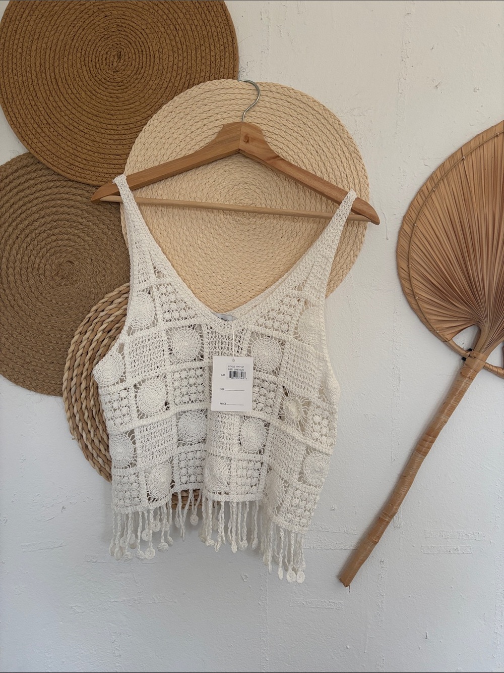 Cream Crochet Fringe V-Neck Knit Tank